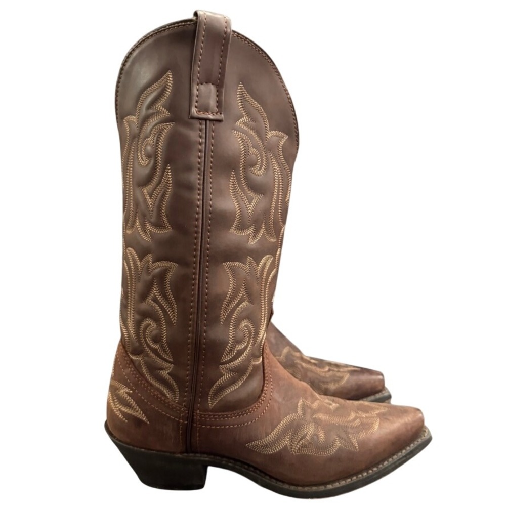 Laredo Brown Leather Western Cowboy Boots Snip Toe Embroidered Shaft Womens 7